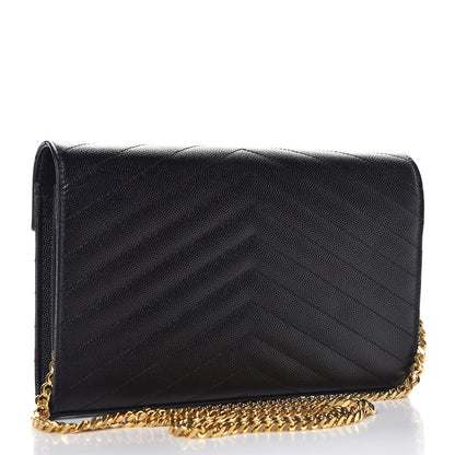 Saint Laurent Grain De Poudre Matelasse Chevron Monogram Chain Wallet Black 3 of 7