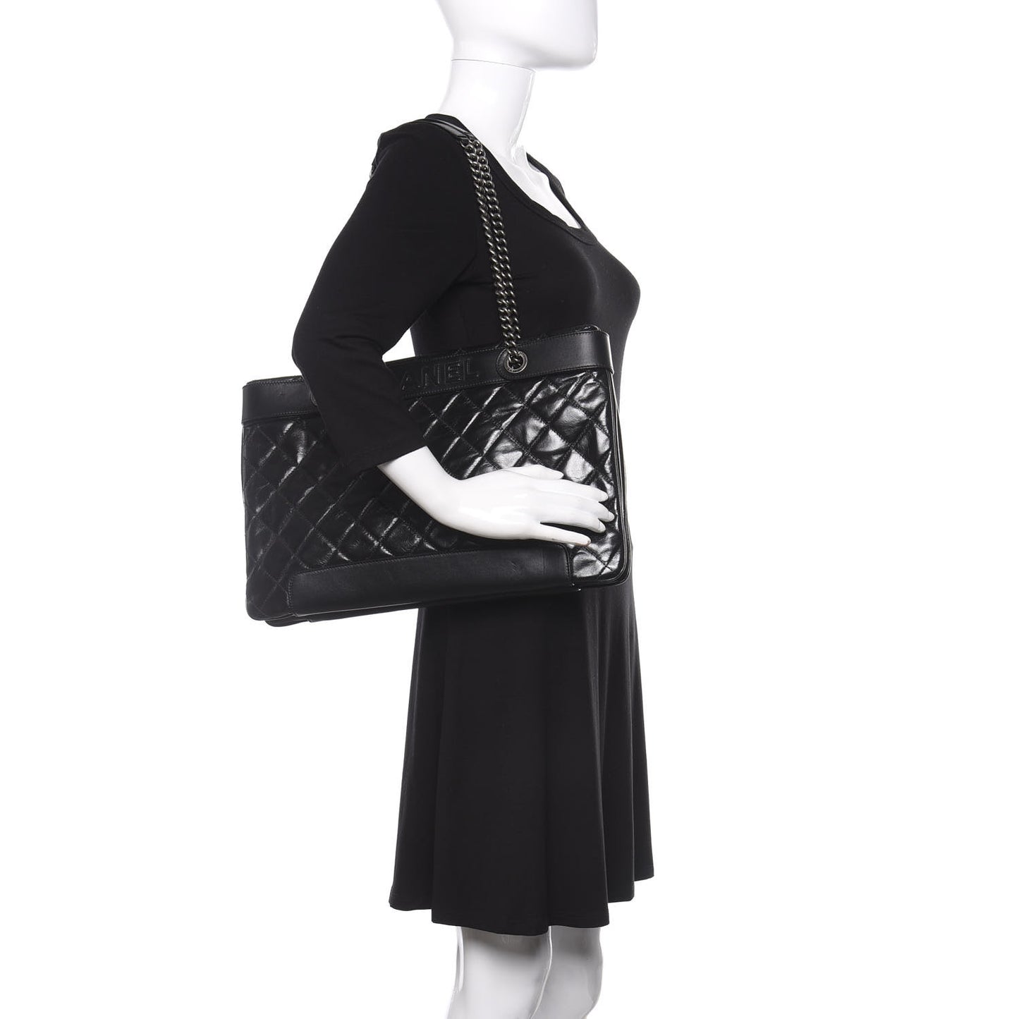 Glazed Calfskin Quilted Shopping Tote Black