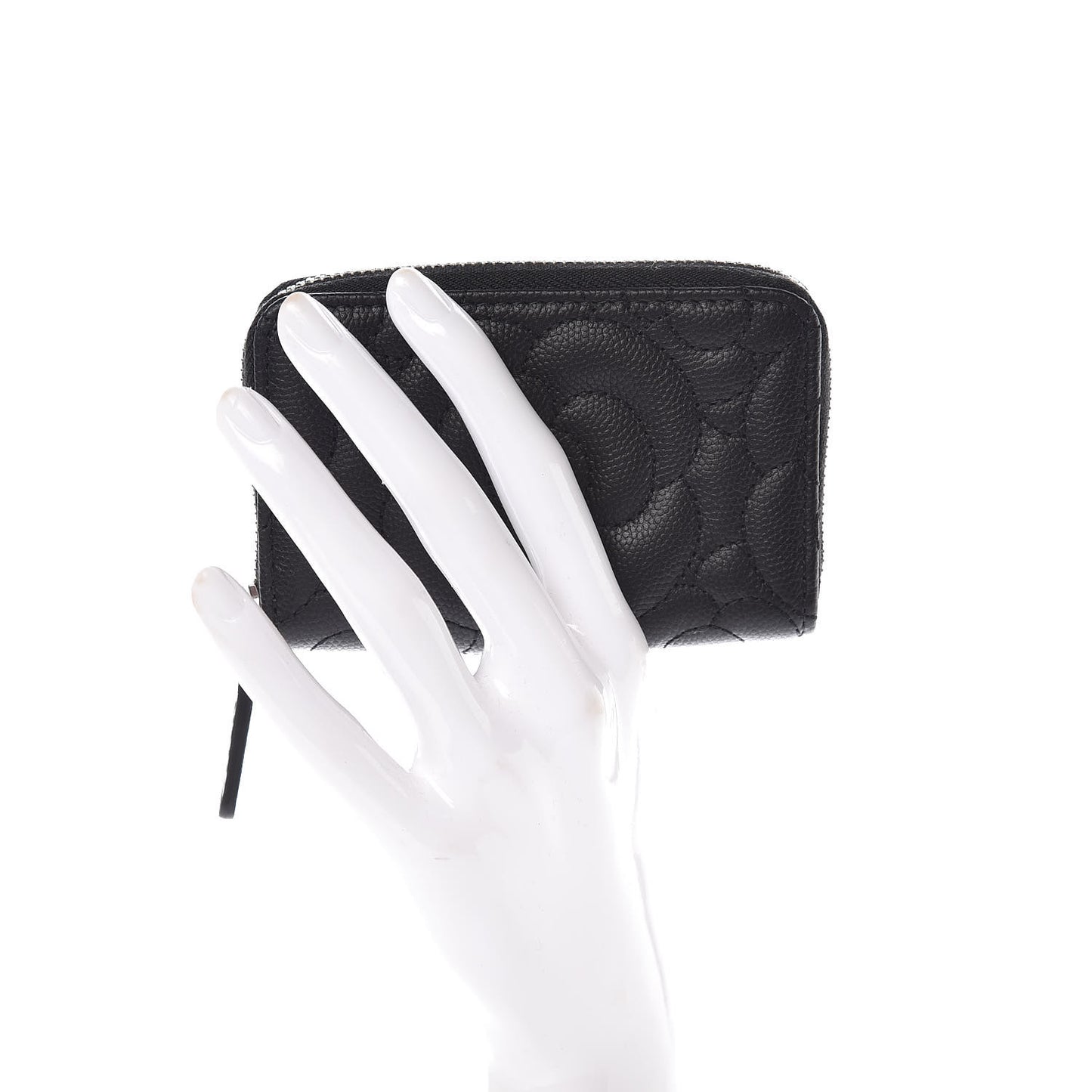 Caviar Camellia Embossed Zip Coin Purse Black