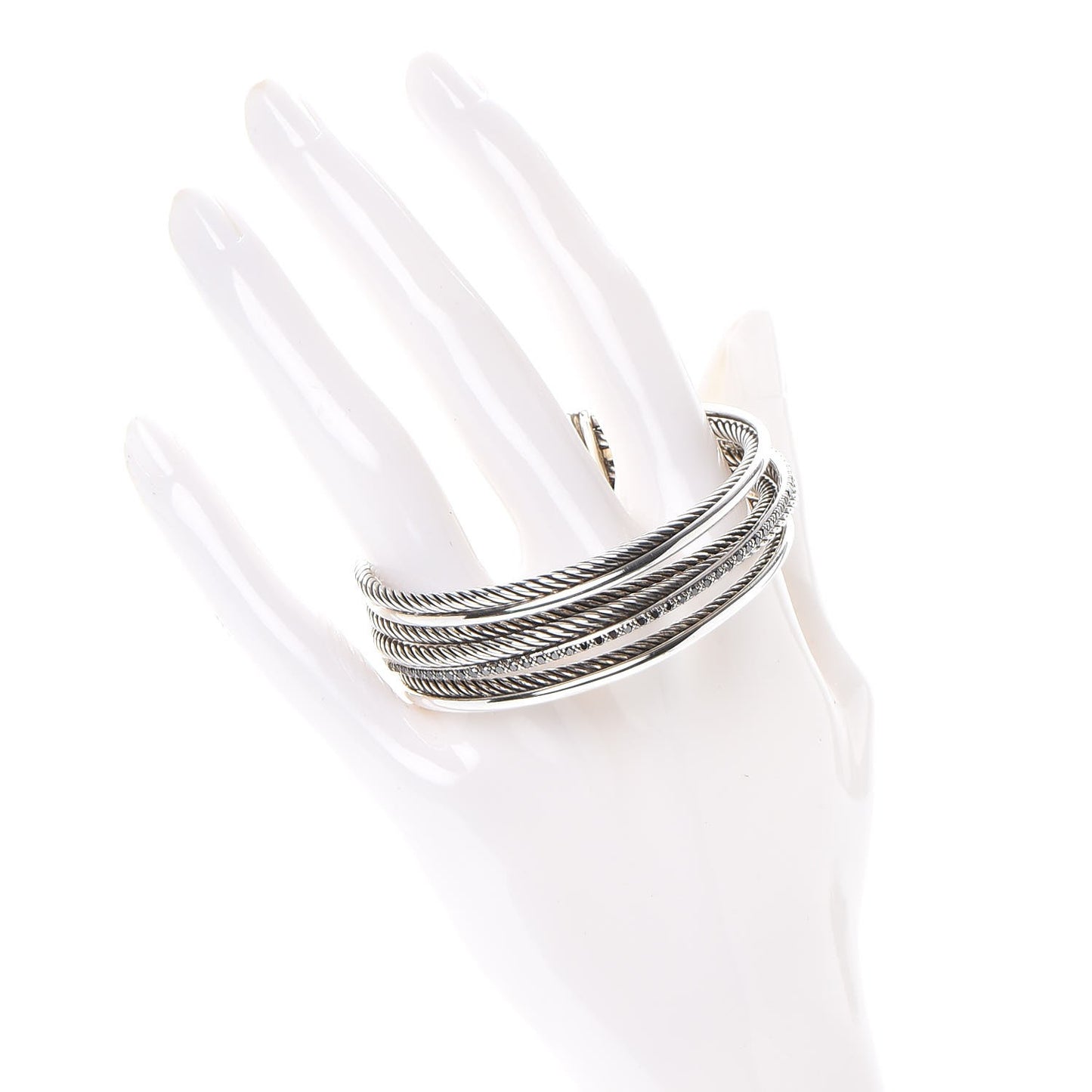 Sterling Silver 14K White Gold Black Diamond 20mm Crossover Four Row Cuff