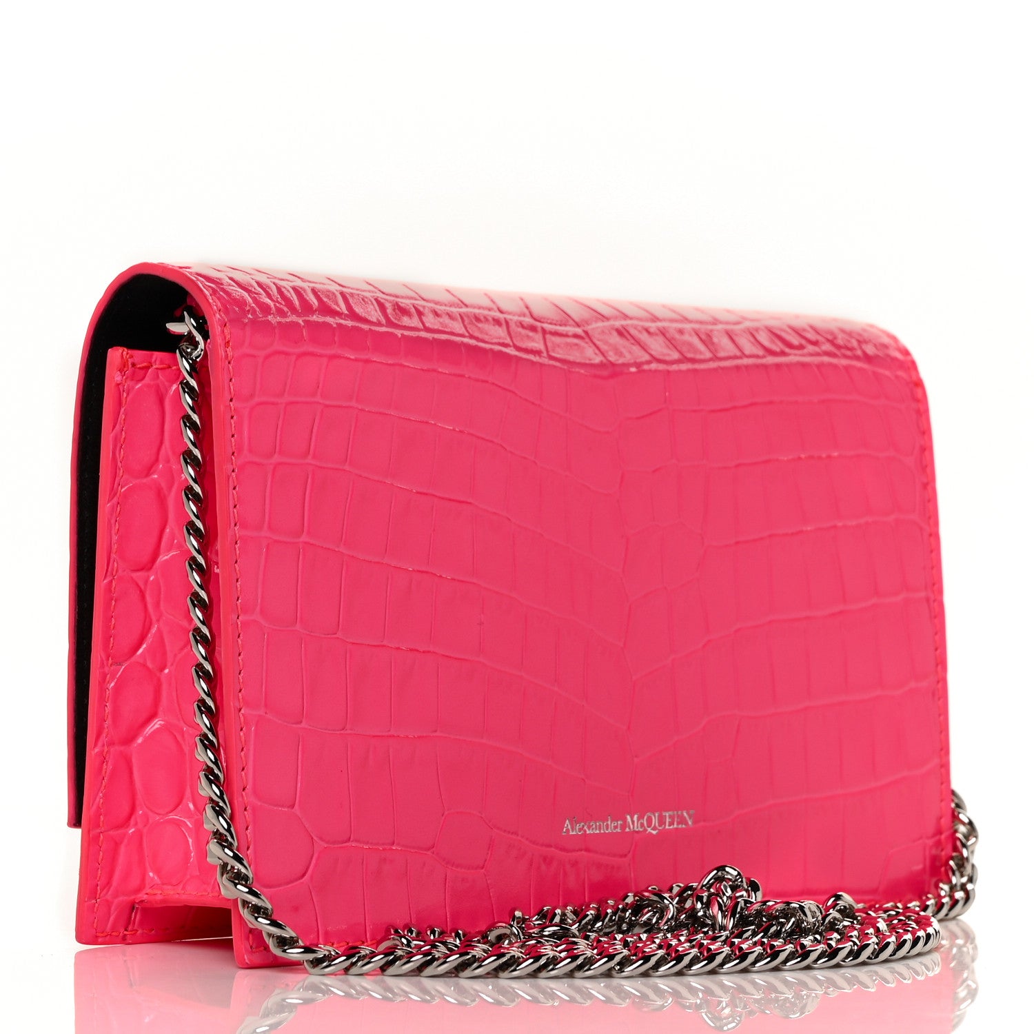 Alexander McQueen Calfskin Crocodile Embossed Skull Mini Crossbody Bag Pink 3 of 9