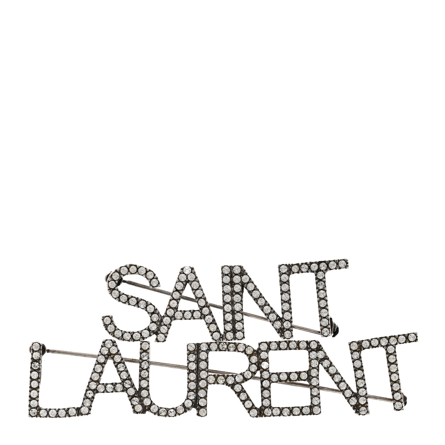 Saint Laurent Brass Crystal Logo Brooch Set Silver 1 of 4