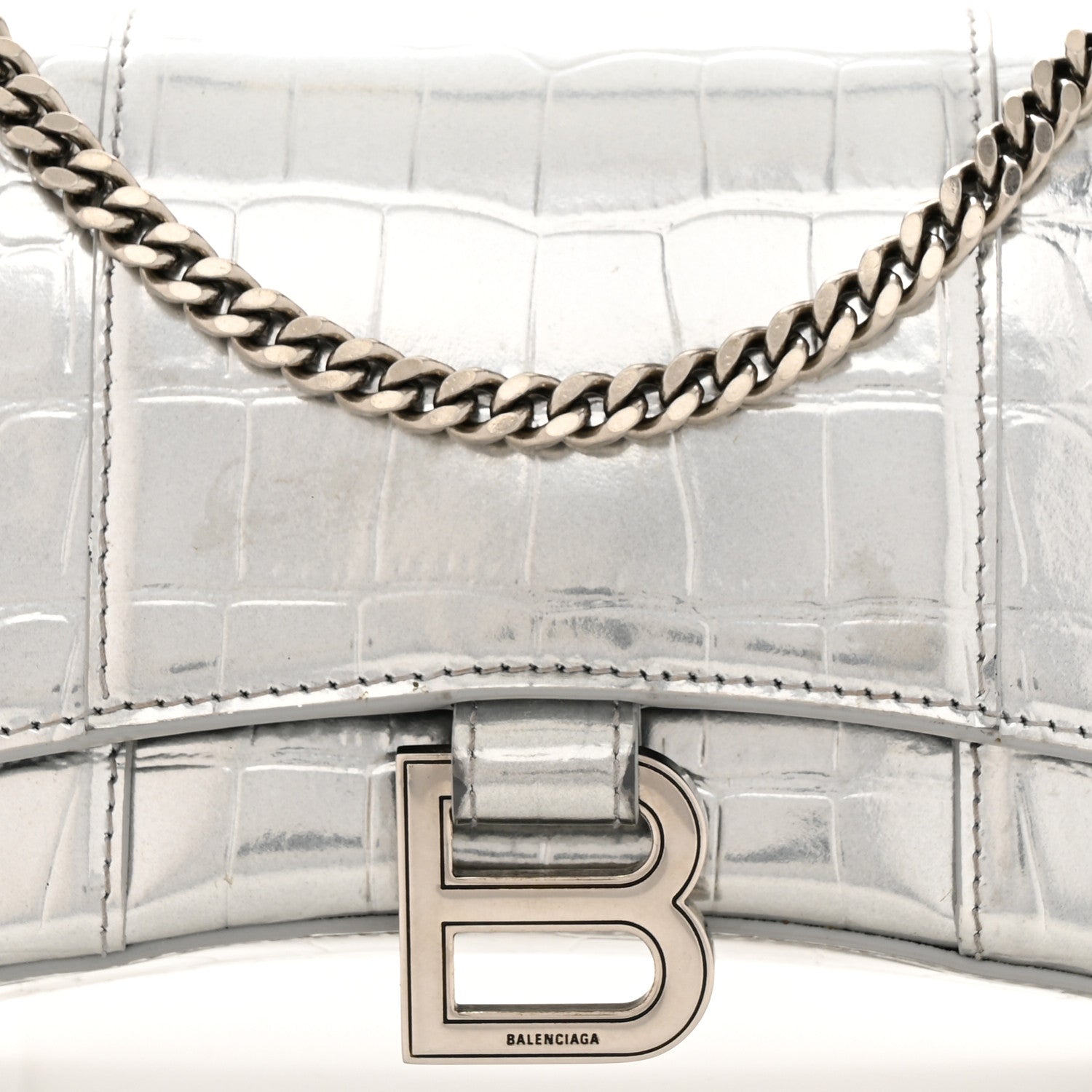 Balenciaga Metallic Calfskin Crocodile Embossed Hourglass Chain Bag Silver 7 of 13