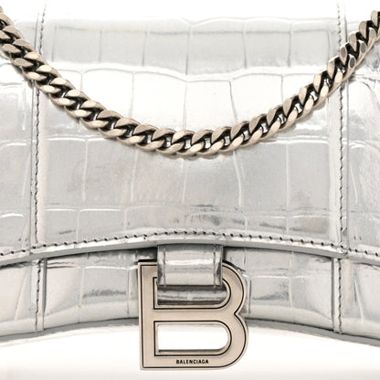 Balenciaga Metallic Calfskin Crocodile Embossed Hourglass Chain Bag Silver 7 of 13