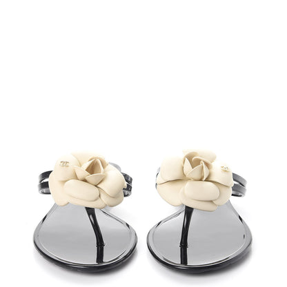 Chanel Jelly Camellia Thong Sandals 36 Black Ivory 2 of 10