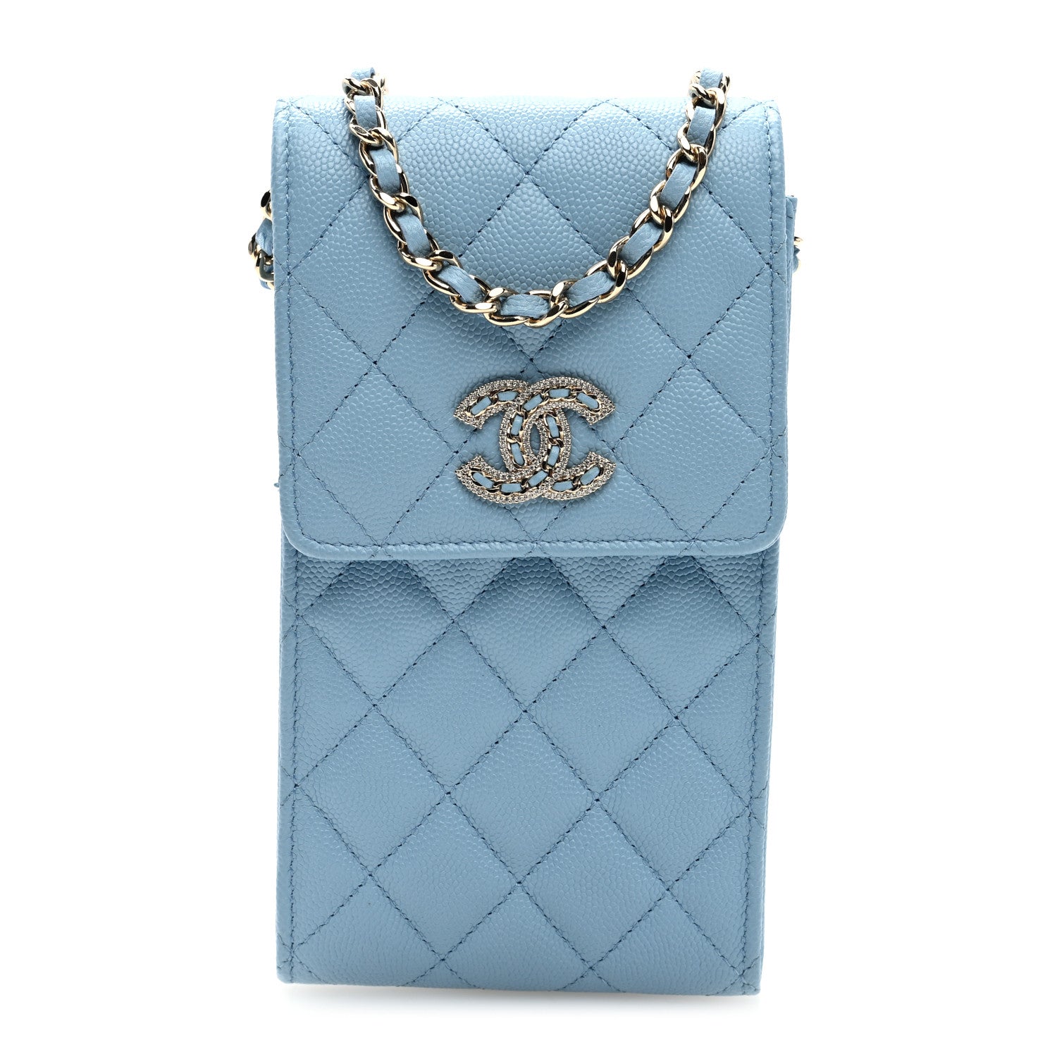Chanel Caviar Quilted Crystal CC Phone Case With Chain Light Blue 1 of 10