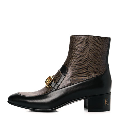 Gucci Goatskin Lizard Mens Kitten Chain Horsebit Ankle Boots 11 Black Antique Grey 1 of 11