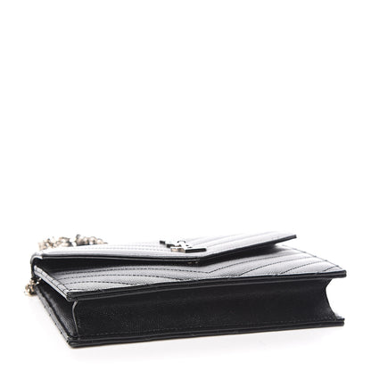 Saint Laurent Grain De Poudre Matelasse Chevron Monogram Envelope Chain Wallet Black 4 of 12