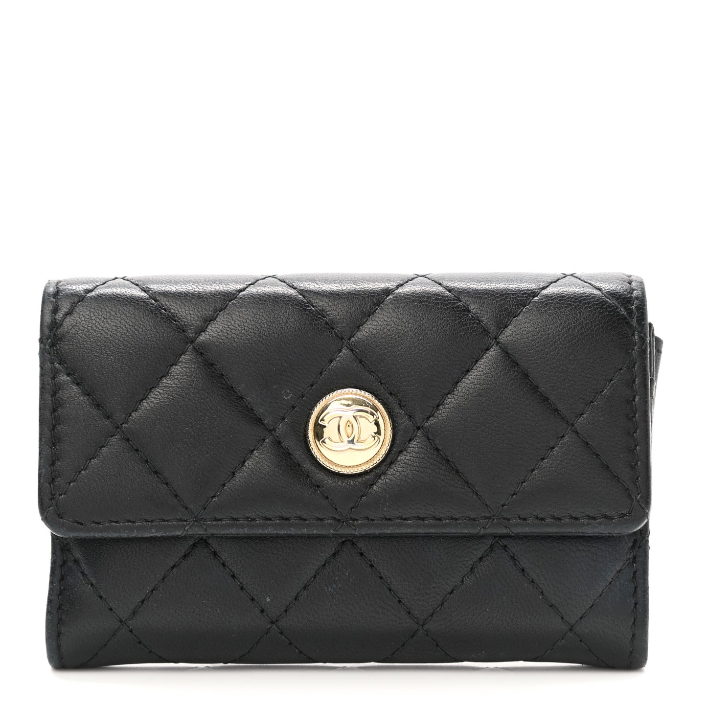 Lambskin Quilted CC Button Flap Card Holder Black