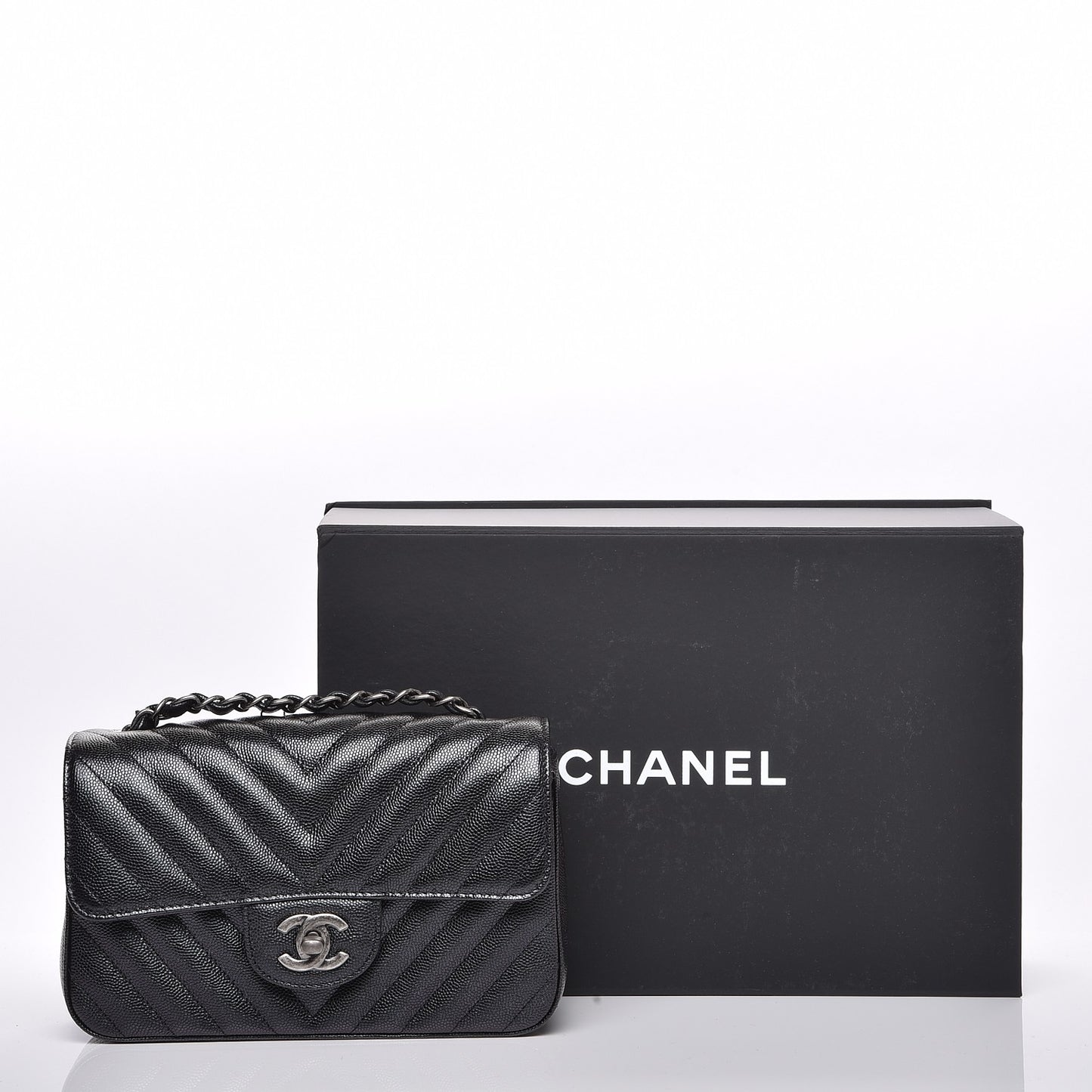 Metallic Caviar Chevron Quilted Mini Rectangular Flap Black