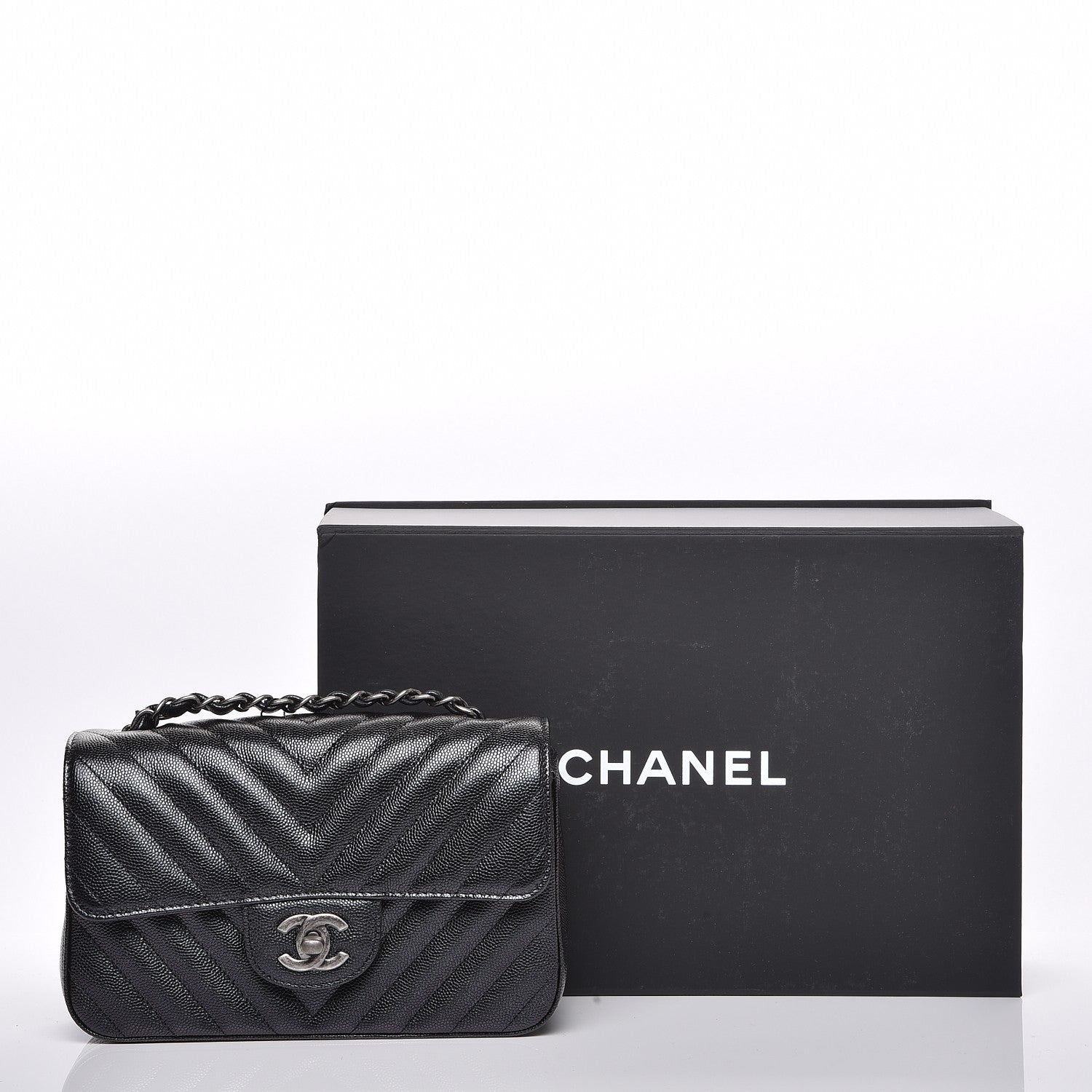 Chanel Metallic Caviar Chevron Quilted Mini Rectangular Flap Black 8 of 8