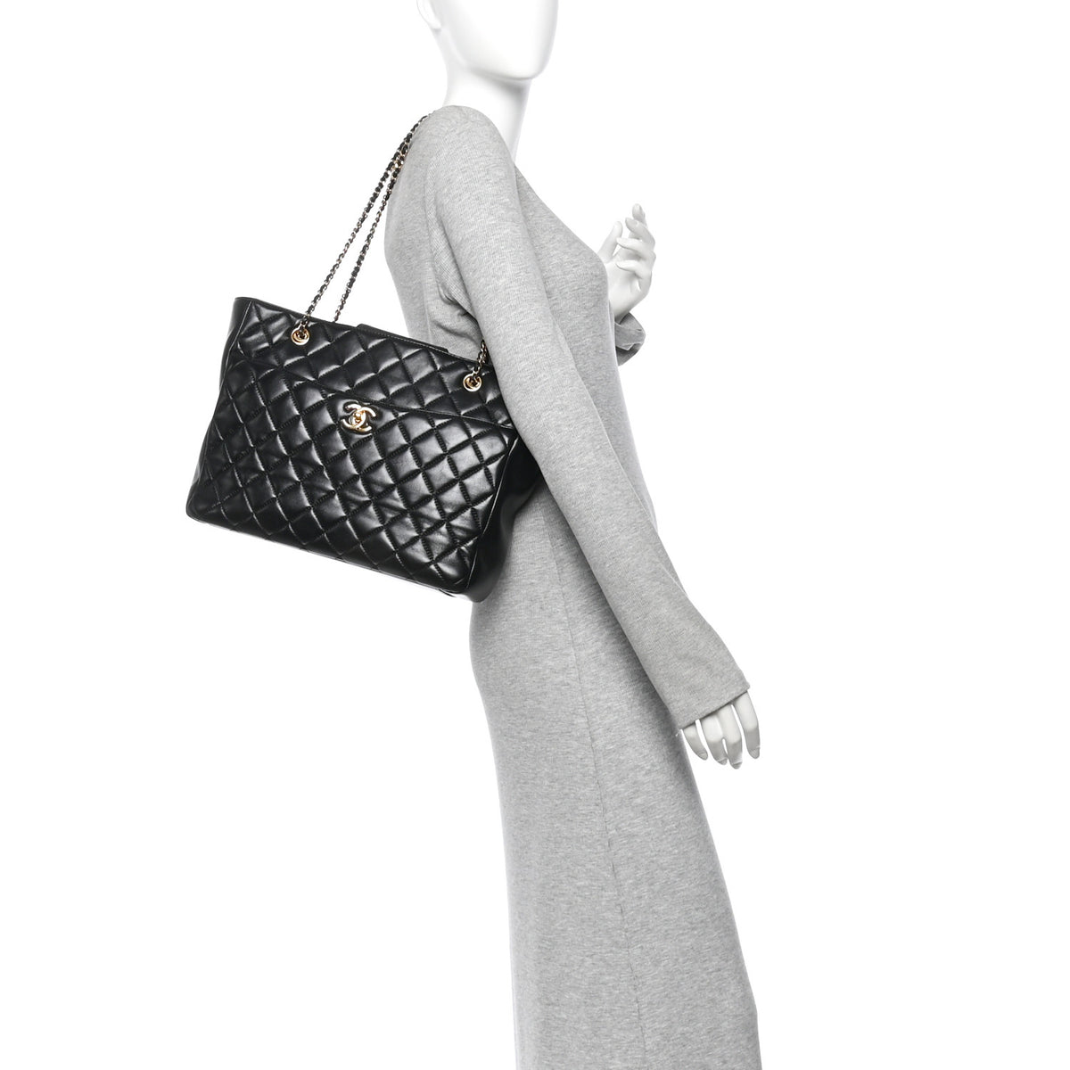 Shiny Lambskin Quilted Medium Shopping Tote Black