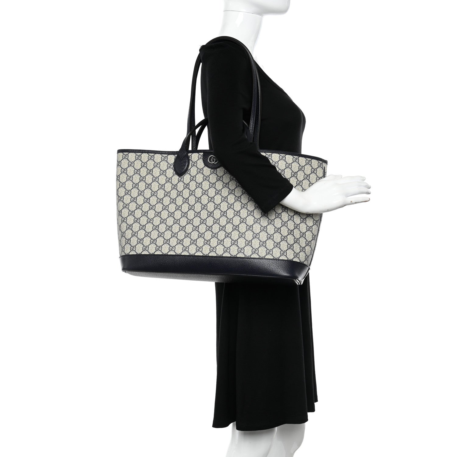 Gucci GG Supreme Monogram Textured Dollar Calfskin Medium Ophidia Shoulder Tote Bag Beige Blue 2 of 10