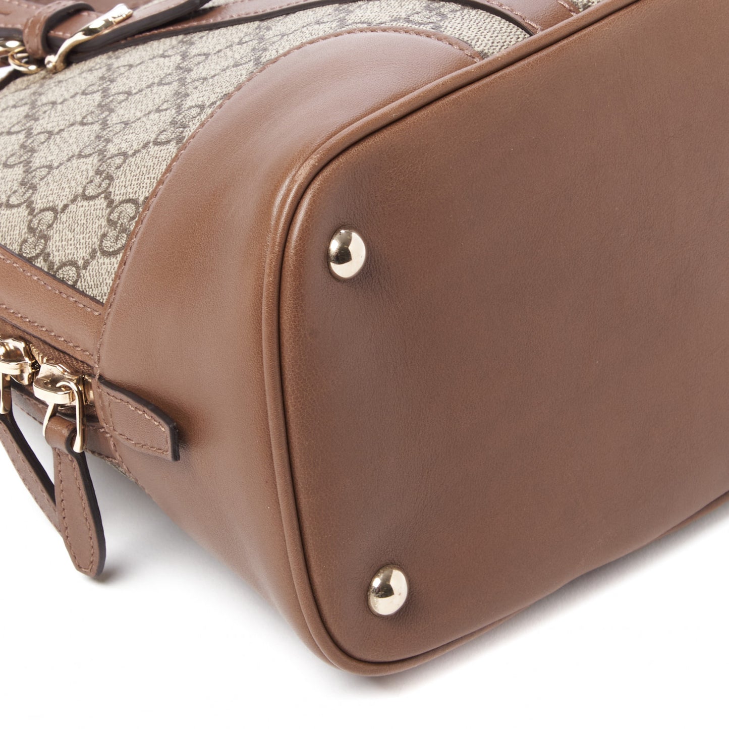 GG Supreme Monogram Margaux Calfskin Small Nice Top Handle Dome Bag Beige Ebony Acero