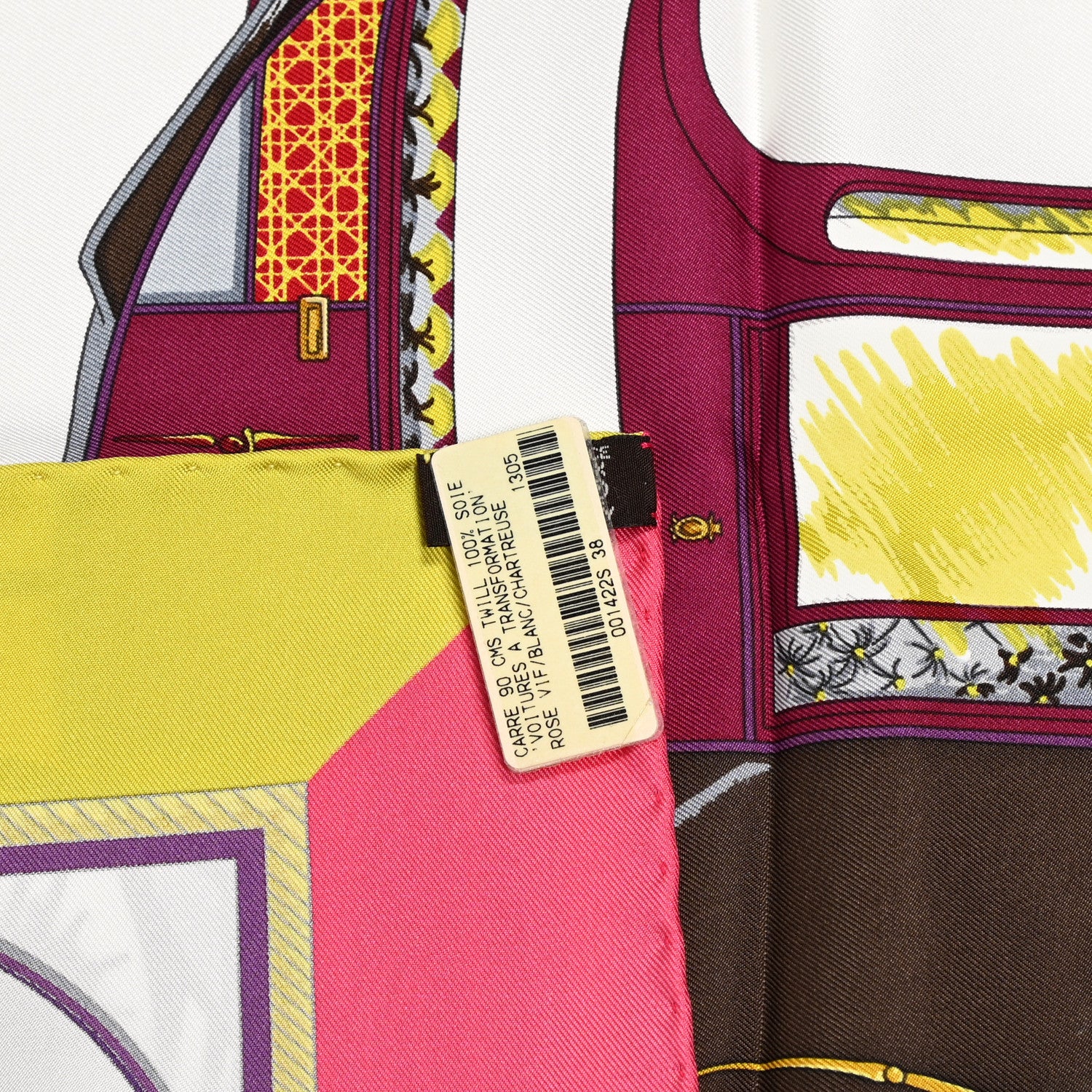 Hermes Silk Les Voitures A Transformation Scarf 90 Rose Vif White Chartreuse 2 of 5