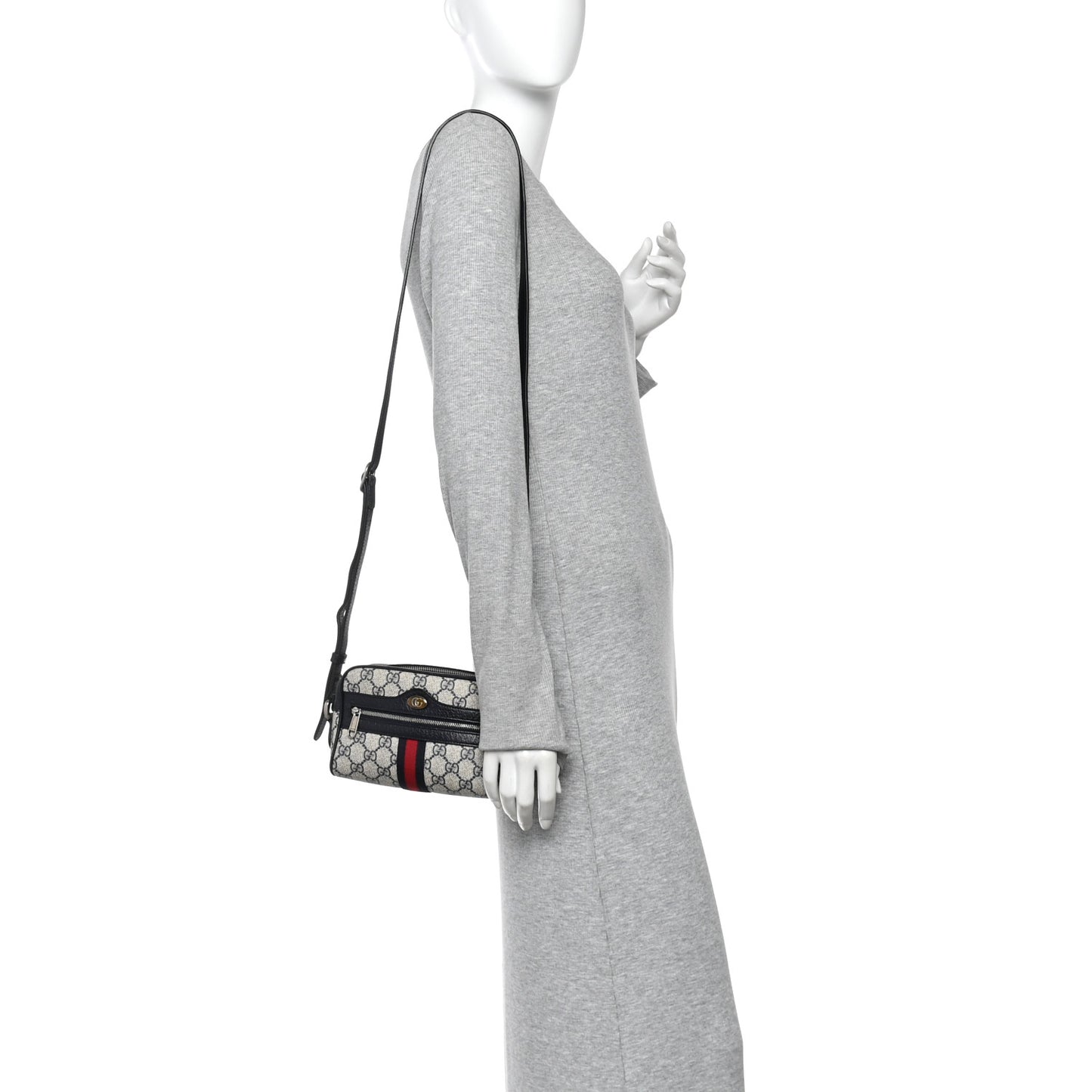 GG Supreme Monogram Textured Dollar Calfskin Web Mini Ophidia Shoulder Bag Beige Blue