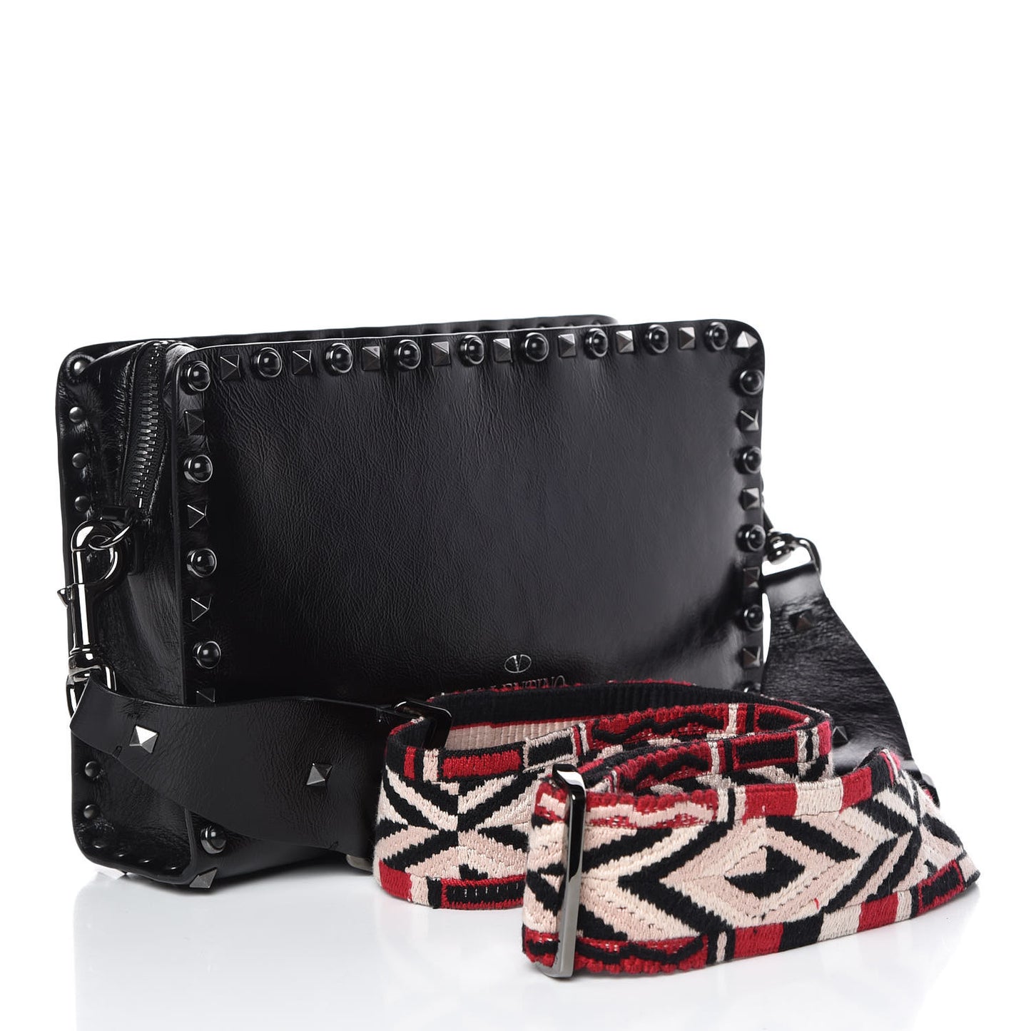 Craquele Calfskin Small Guitar Strap Rockstud Rolling Flap Pocket Shoulder Bag Black