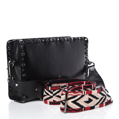 Valentino Garavani Craquele Calfskin Small Guitar Strap Rockstud Rolling Flap Pocket Shoulder Bag Black 3 of 8