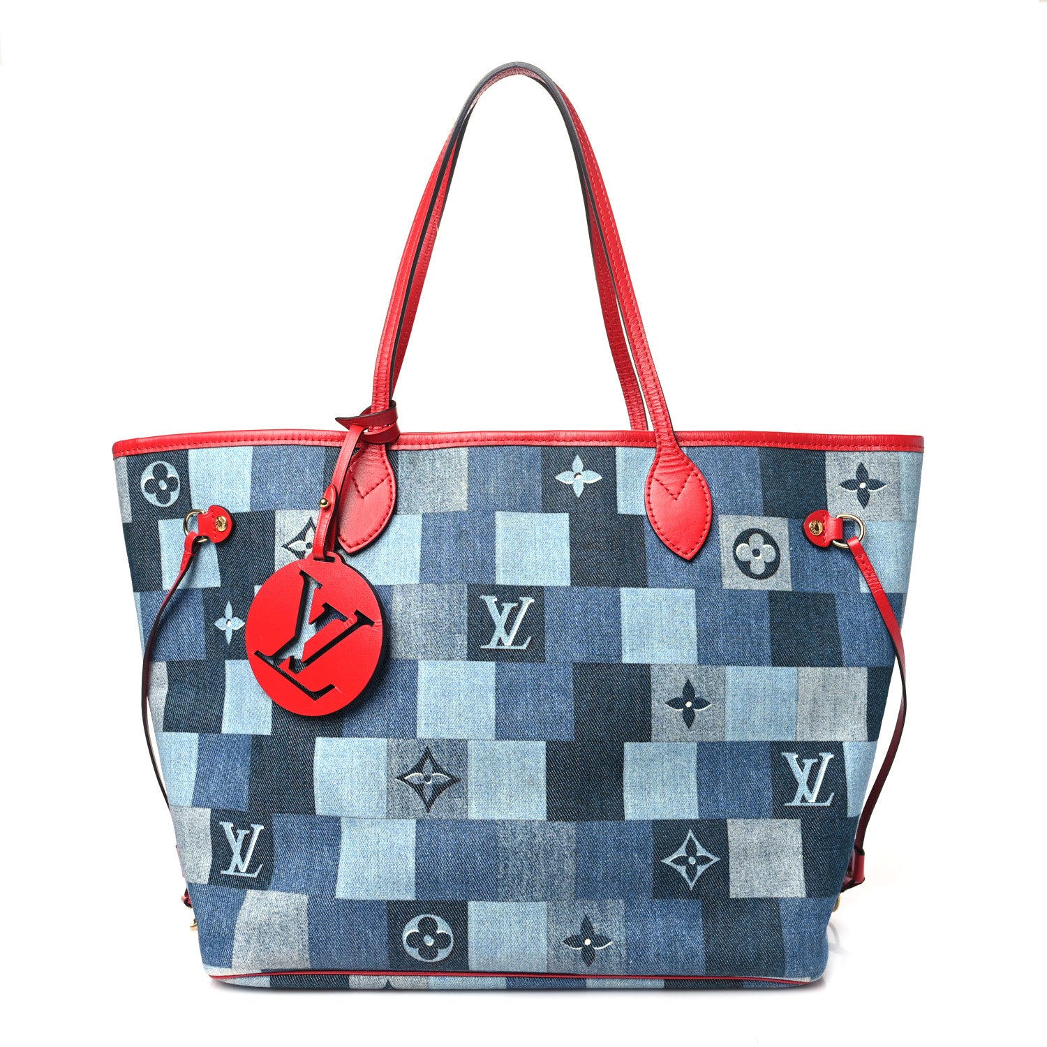 Louis Vuitton Denim Damier Monogram Patchwork Neverfull Blue Rouge 1 of 9