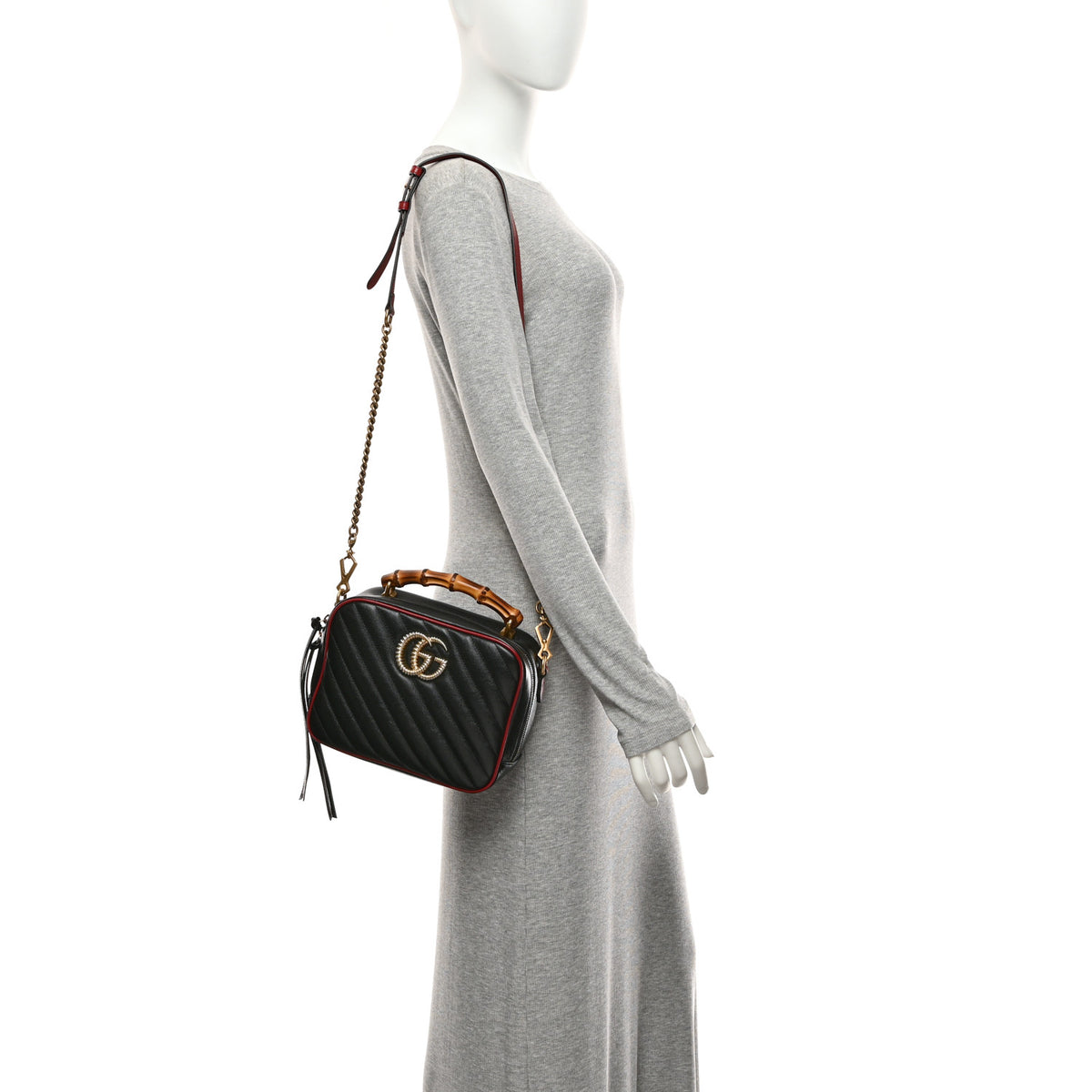 Gucci Vintage Effect Calfskin Matelasse Diagonal Small Torchon GG Marmont Bamboo Top Handle Shoulder Bag Black Romantic Cherry 2 of 11