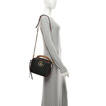 Gucci Vintage Effect Calfskin Matelasse Diagonal Small Torchon GG Marmont Bamboo Top Handle Shoulder Bag Black Romantic Cherry 2 of 11