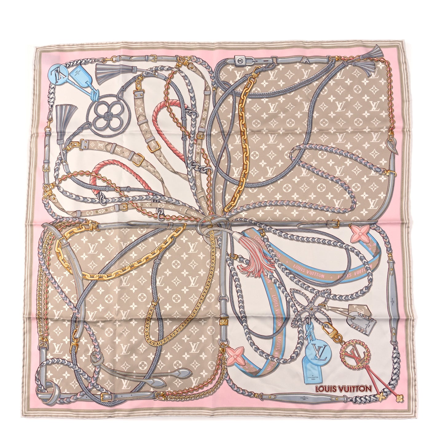 Silk Mix and Straps Square 90 Scarf Beige