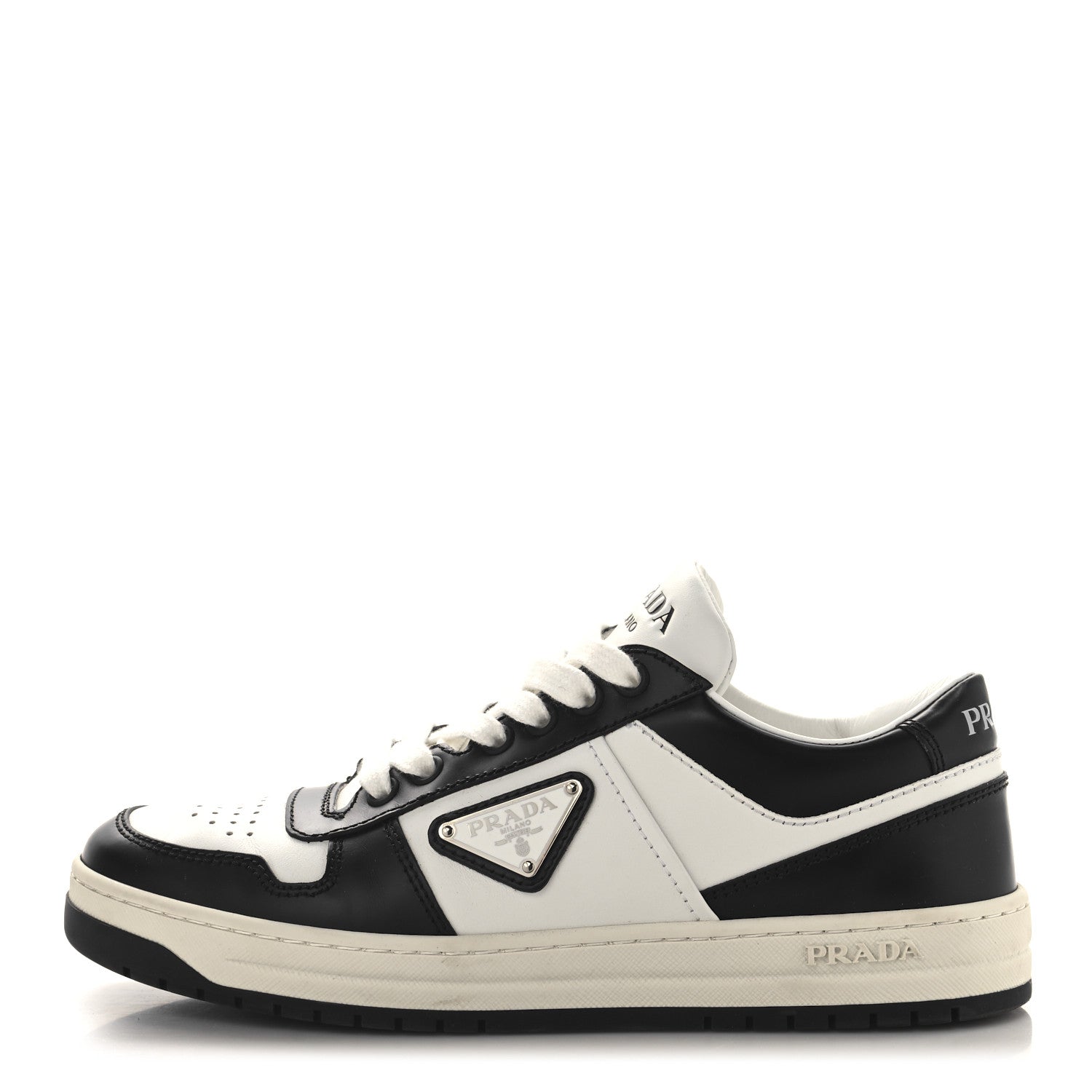 Prada Vitello Sport Spazzolato Rois Triangle Logo Womens Downtown Low Top 30mm Sneakers 37 White Black 1 of 10