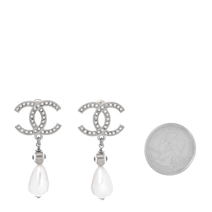Chanel Pearl Crystal CC Drop Earrings Silver Pearly White 2 of 5
