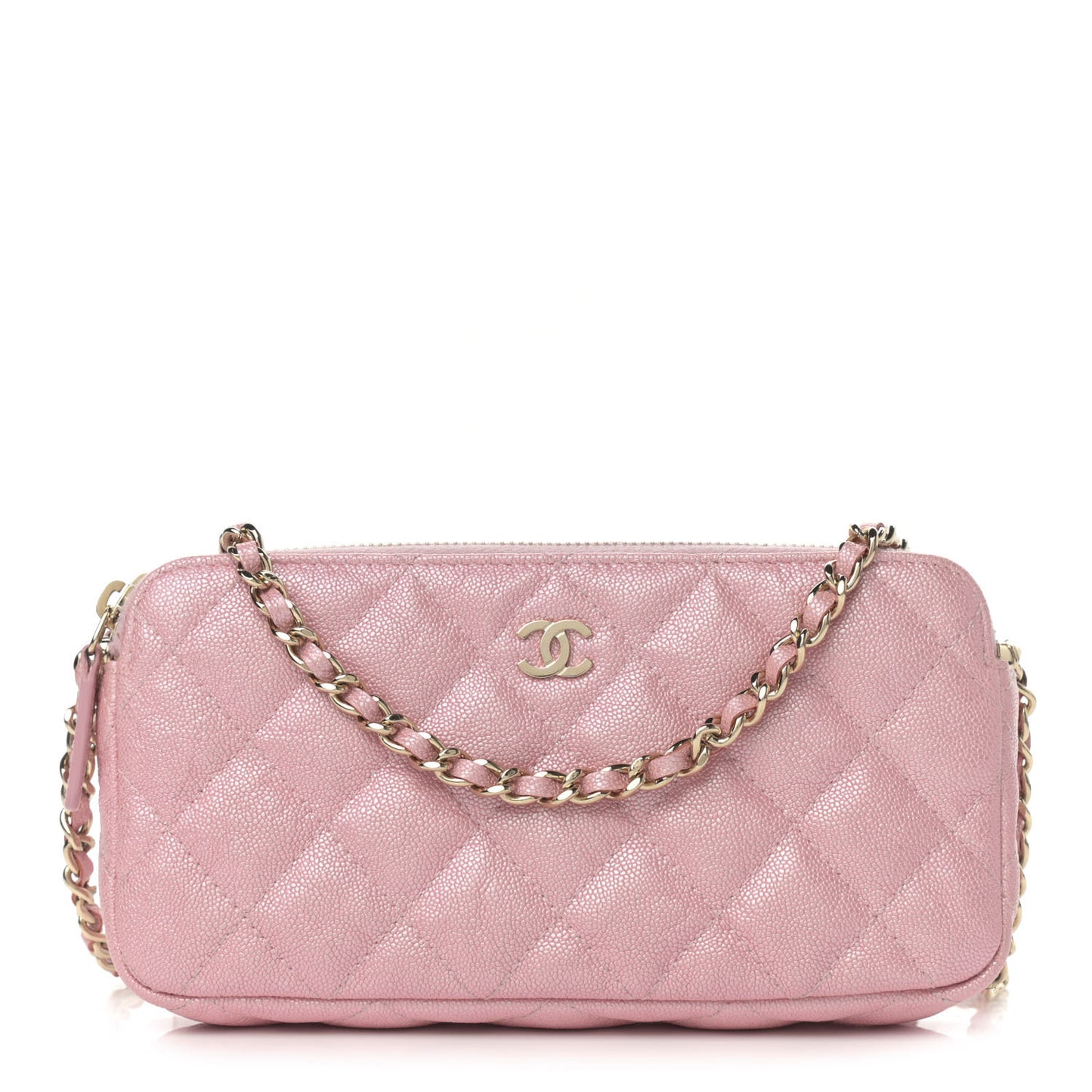Iridescent Caviar Quilted Small Clutch With Chain Pink