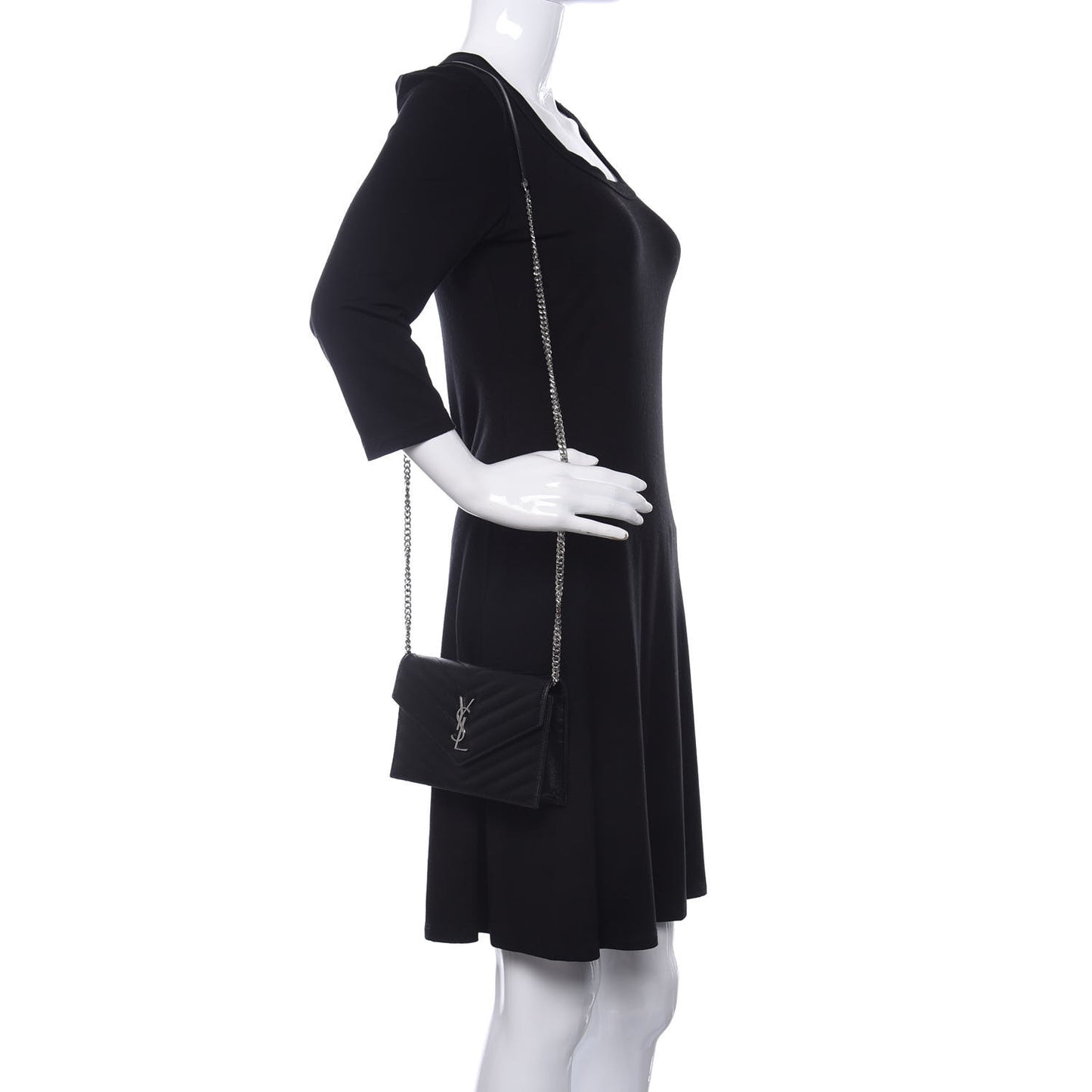 Grain De Poudre Matelasse Chevron Monogram Envelope Chain Wallet Black