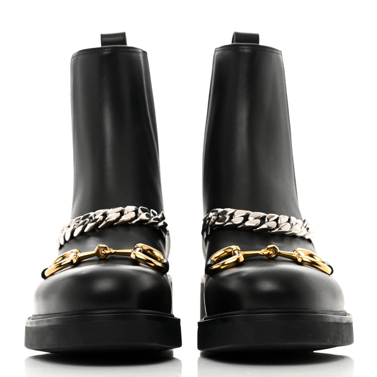 Gucci Flores Calfskin Horsebit Chain Ankle Boots 41 Black 2 of 9