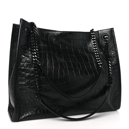 Saint Laurent Calfskin Crocodile Embossed Monogram Medium Niki Shopping Bag Black 3 of 9