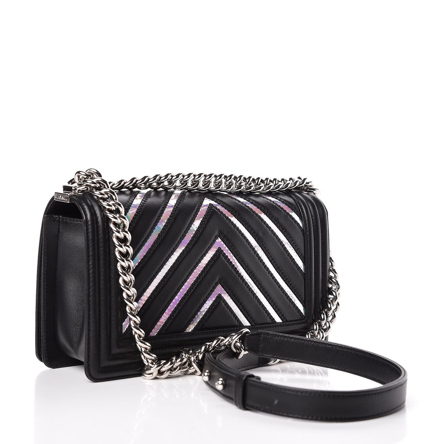 Lambskin Iridescent PVC Chevron Quilted Medium Boy Flap Black Silver