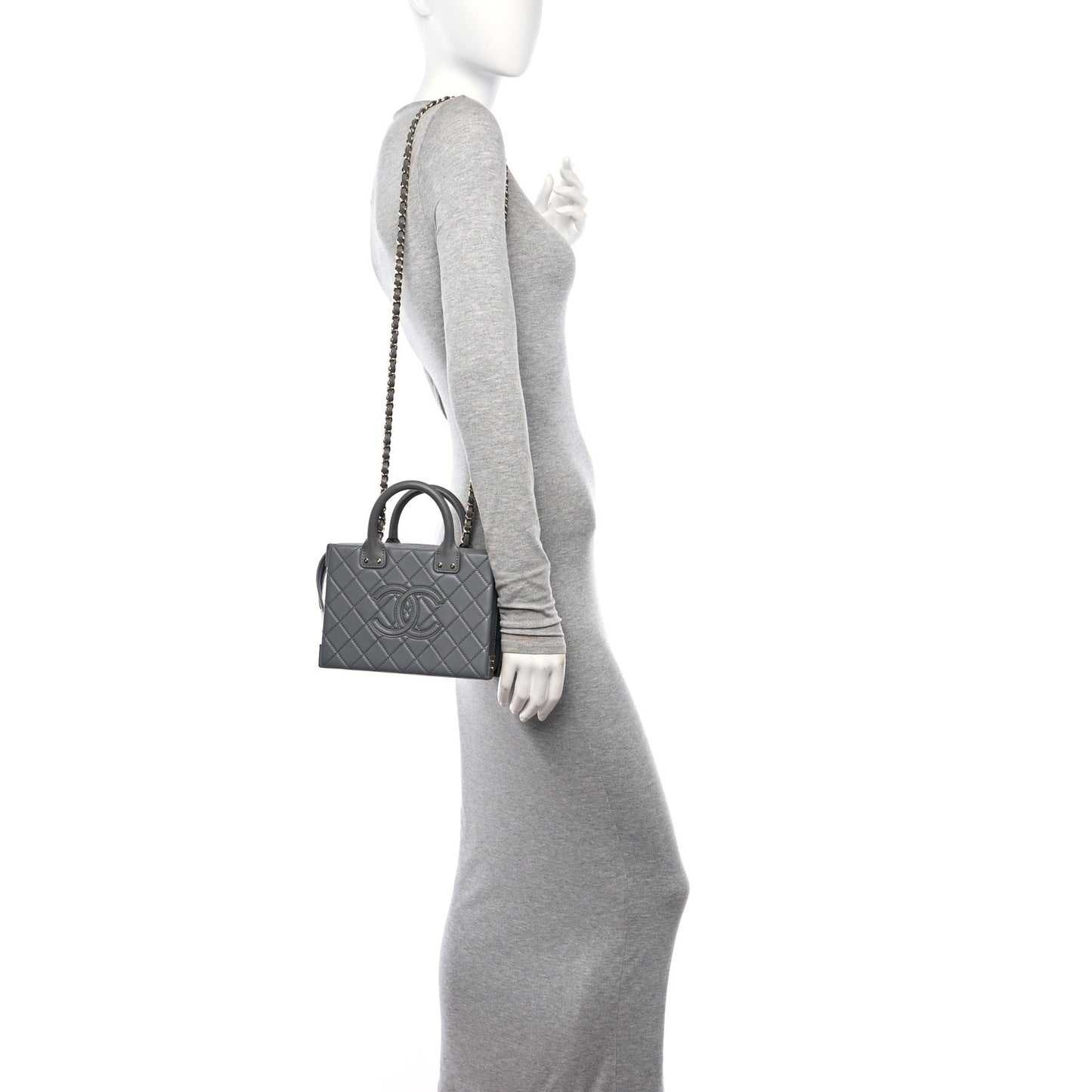 Calfskin Quilted Studded Square Vanity Case Grey