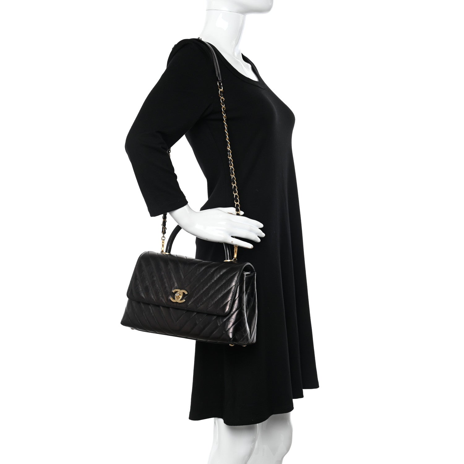 Chanel Glazed Calfskin Lizard Chevron Quilted Small Coco Handle Flap Black 2 of 10