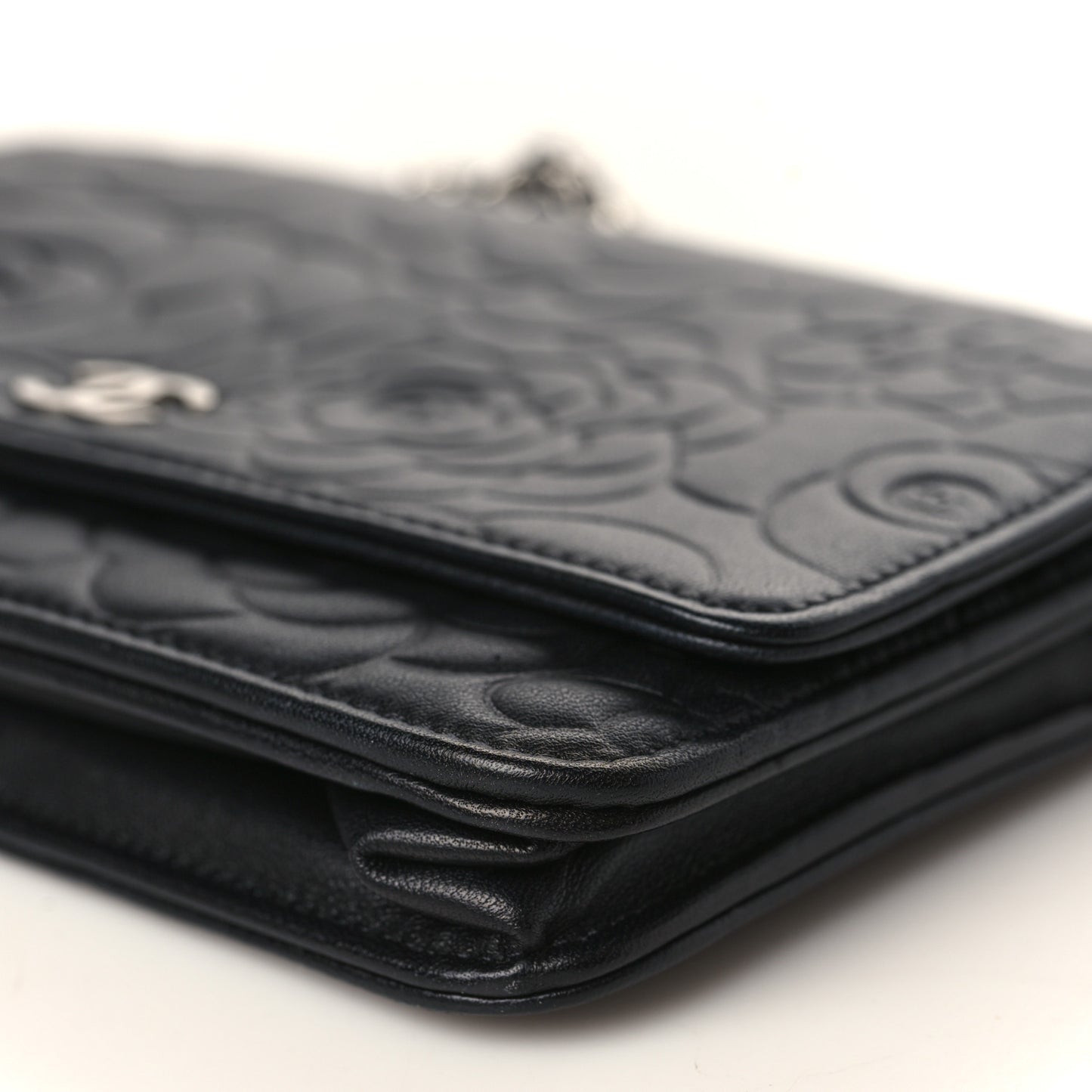 Lambskin Camellia Embossed Wallet on Chain WOC Black