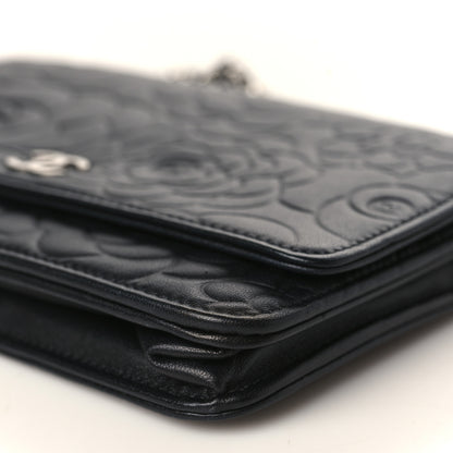 Chanel Lambskin Camellia Embossed Wallet on Chain WOC Black 10 of 10