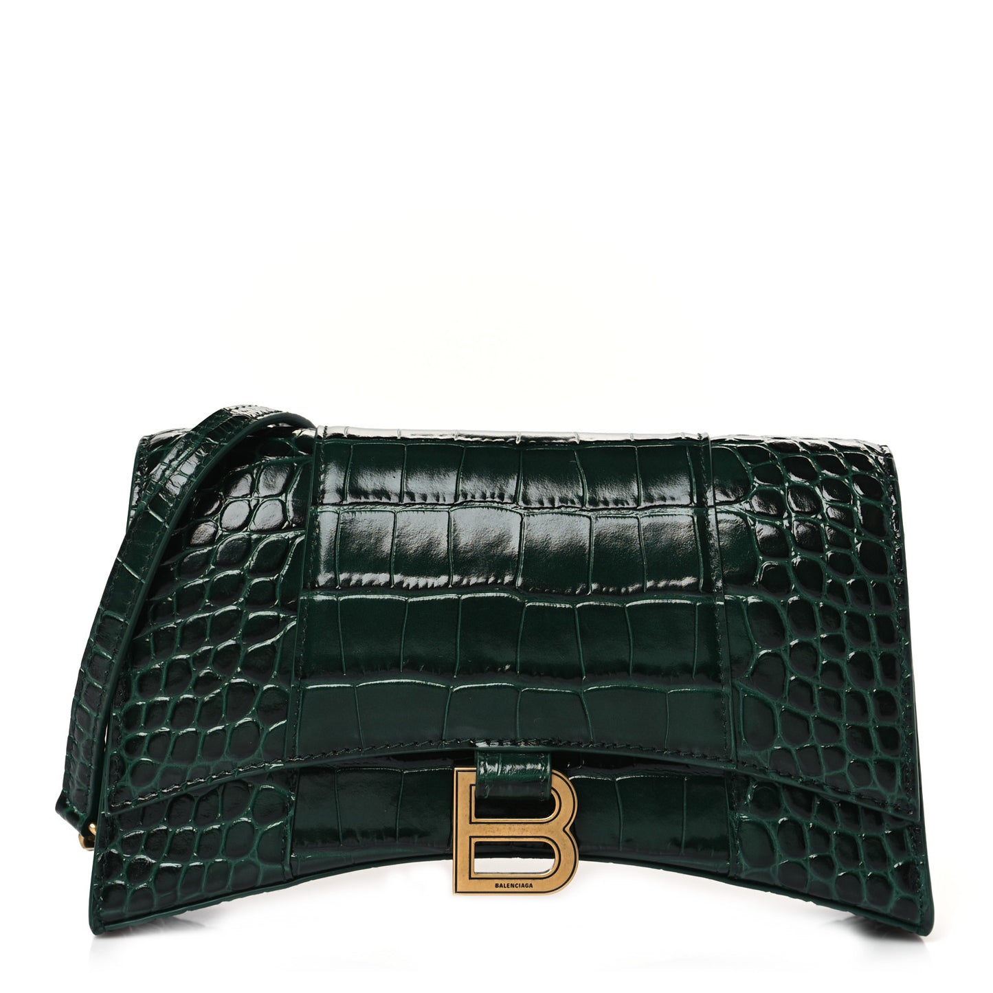 Shiny Calfskin Crocodile Embossed Small Hourglass Evening Chain Bag Forest Green