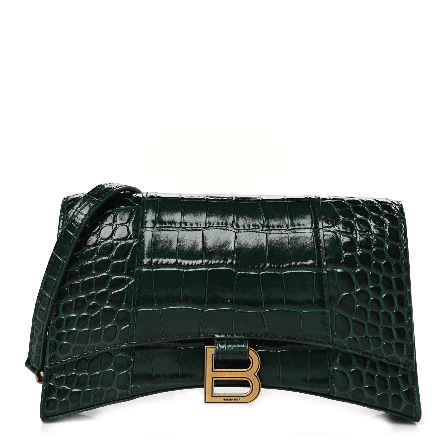 Balenciaga Shiny Calfskin Crocodile Embossed Small Hourglass Evening Chain Bag Forest Green 1 of 8