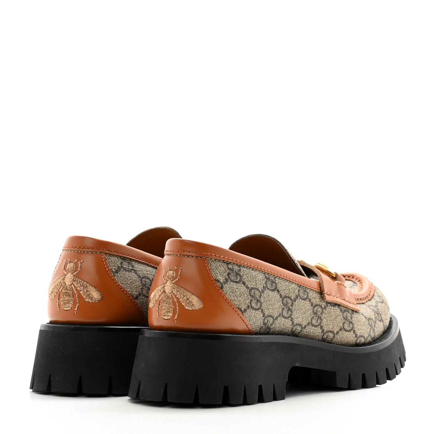 GG Supreme Monogram Cordovan Lux Womens Harald Horsebit 25mm Platform Loafers 37.5 Beige Ebony