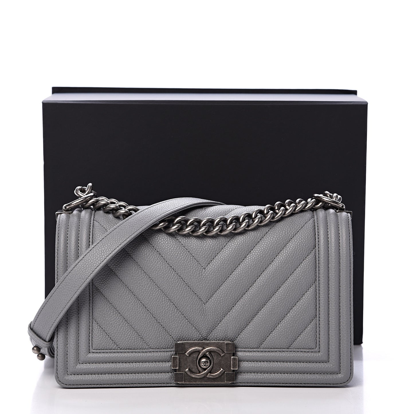 Caviar Chevron Quilted Medium Boy Flap Dark Grey