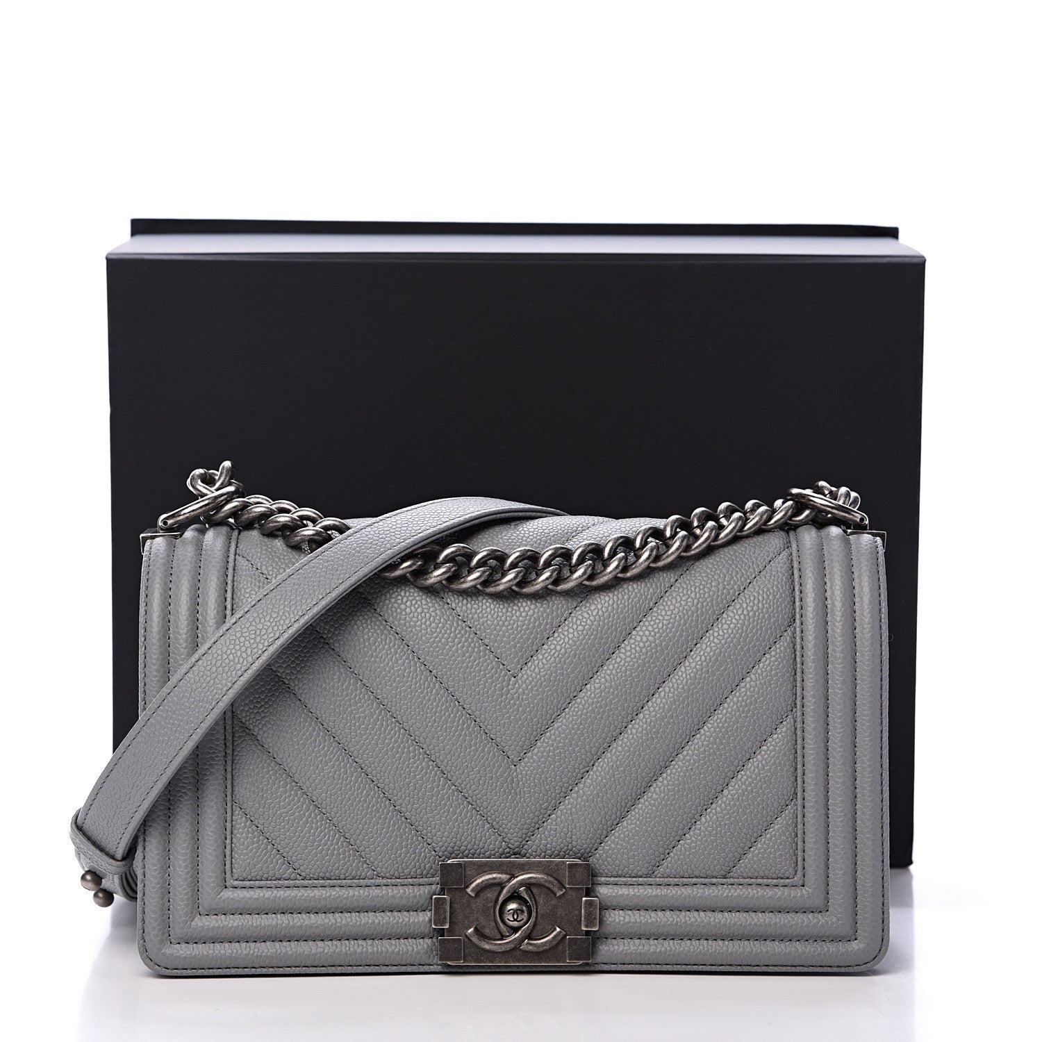 Chanel Caviar Chevron Quilted Medium Boy Flap Dark Grey 10 of 10