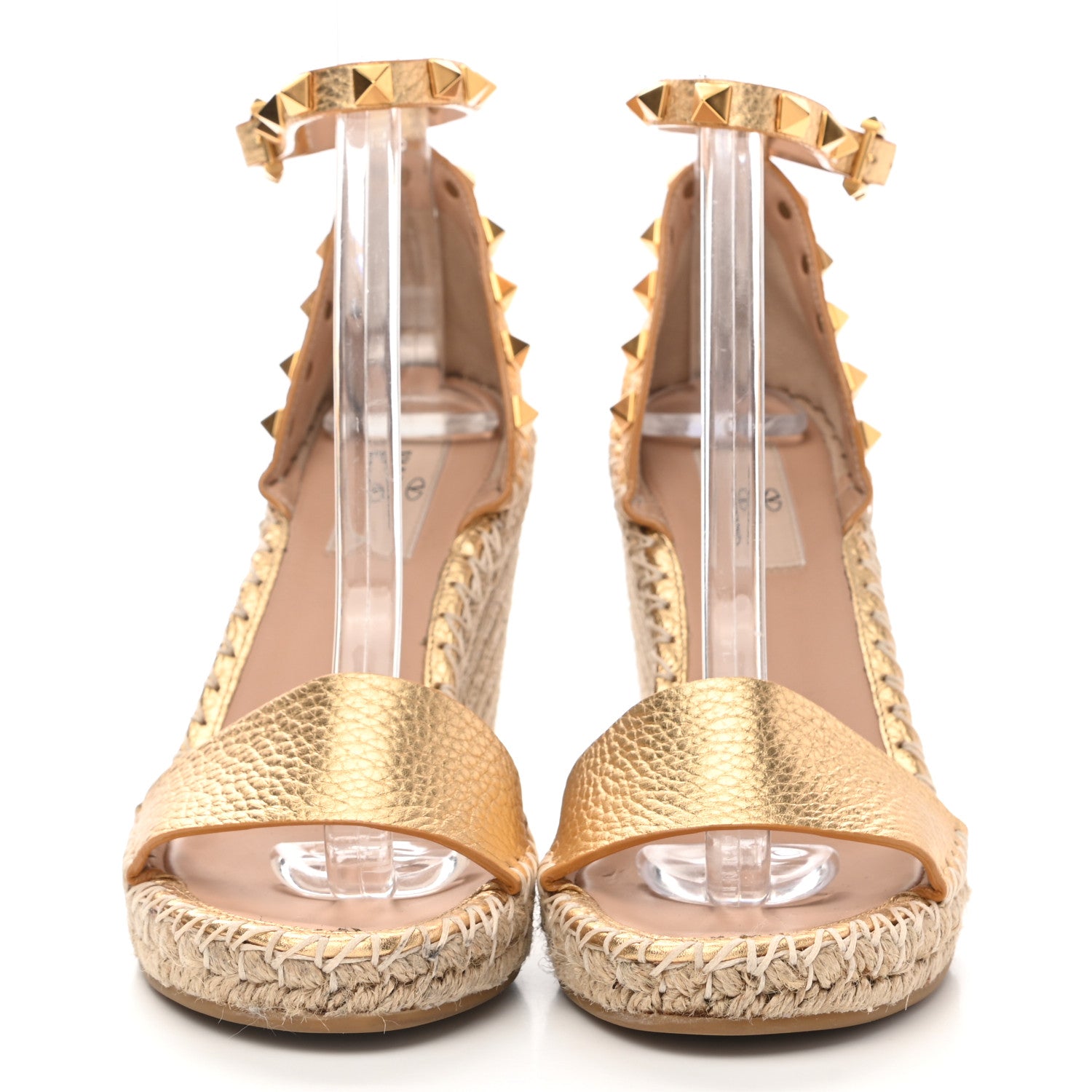 Valentino Garavani Metallic Pebbled Calfskin Rockstud Ankle Strap Espadrille 15/105mm Wedge Sandals 35 Antique Brass Natural 2 of 11