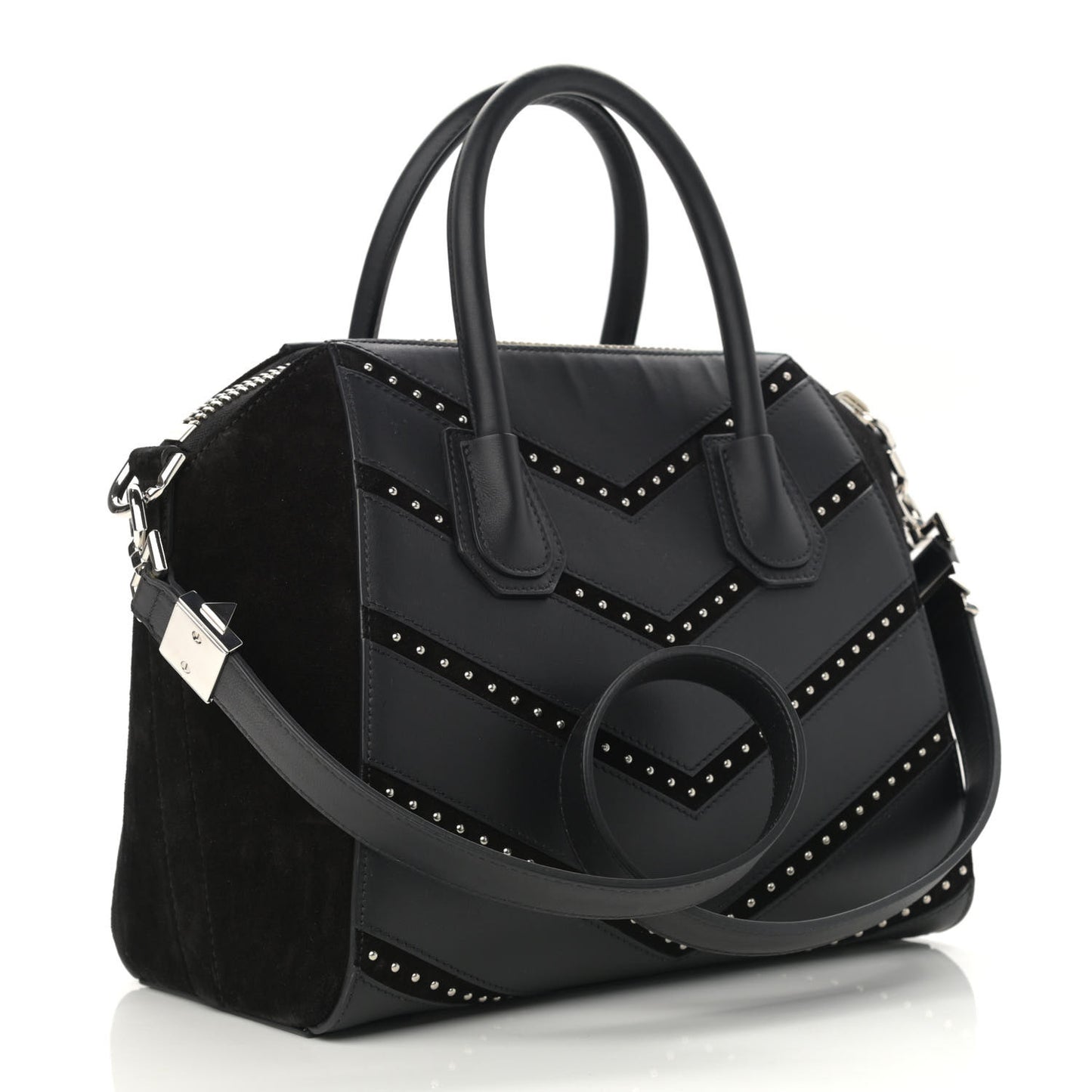 Calfskin Suede Small Studded Chevron Antigona Black