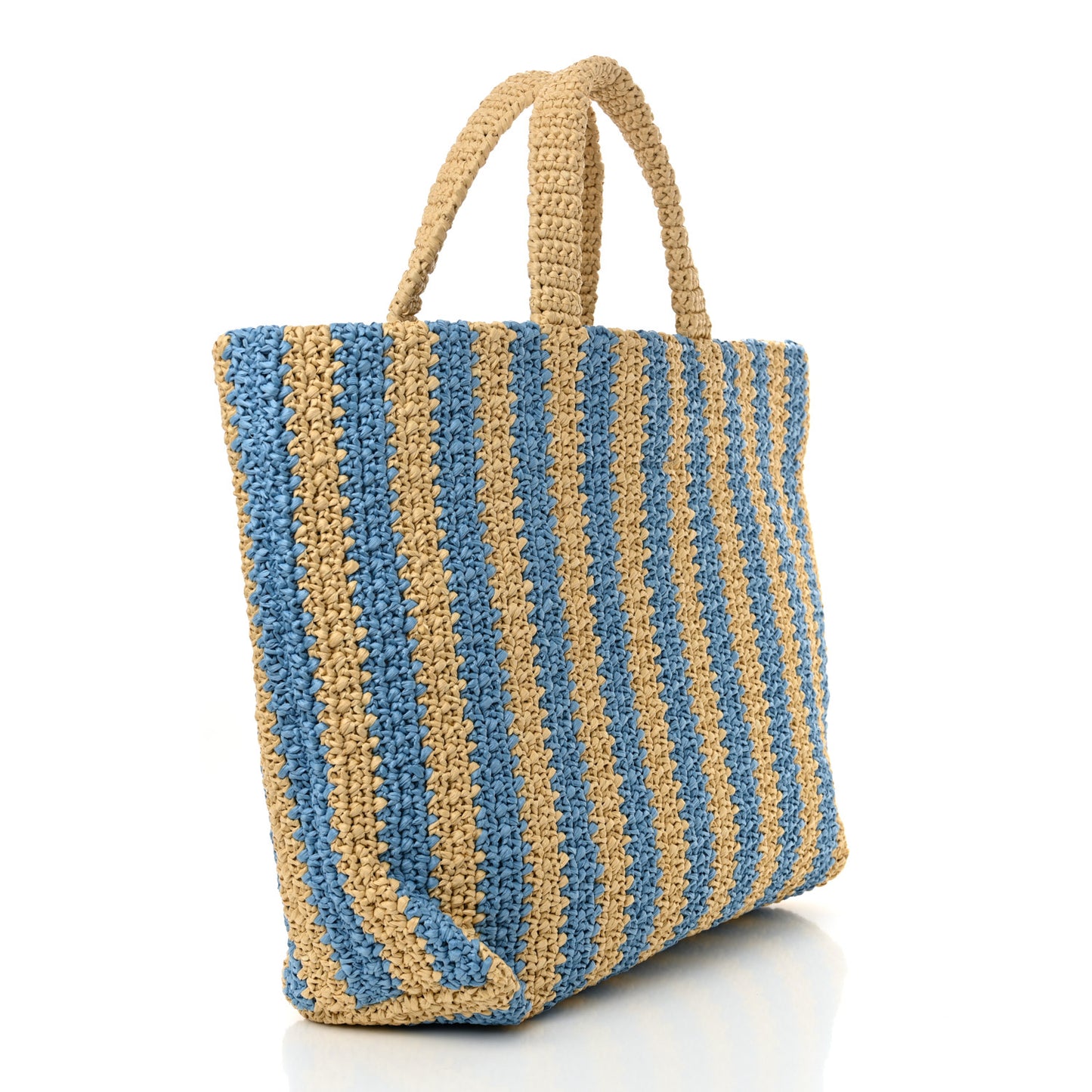 Yarn Raffia Effect Crochet Striped Large Logo Tote Naturale Celeste