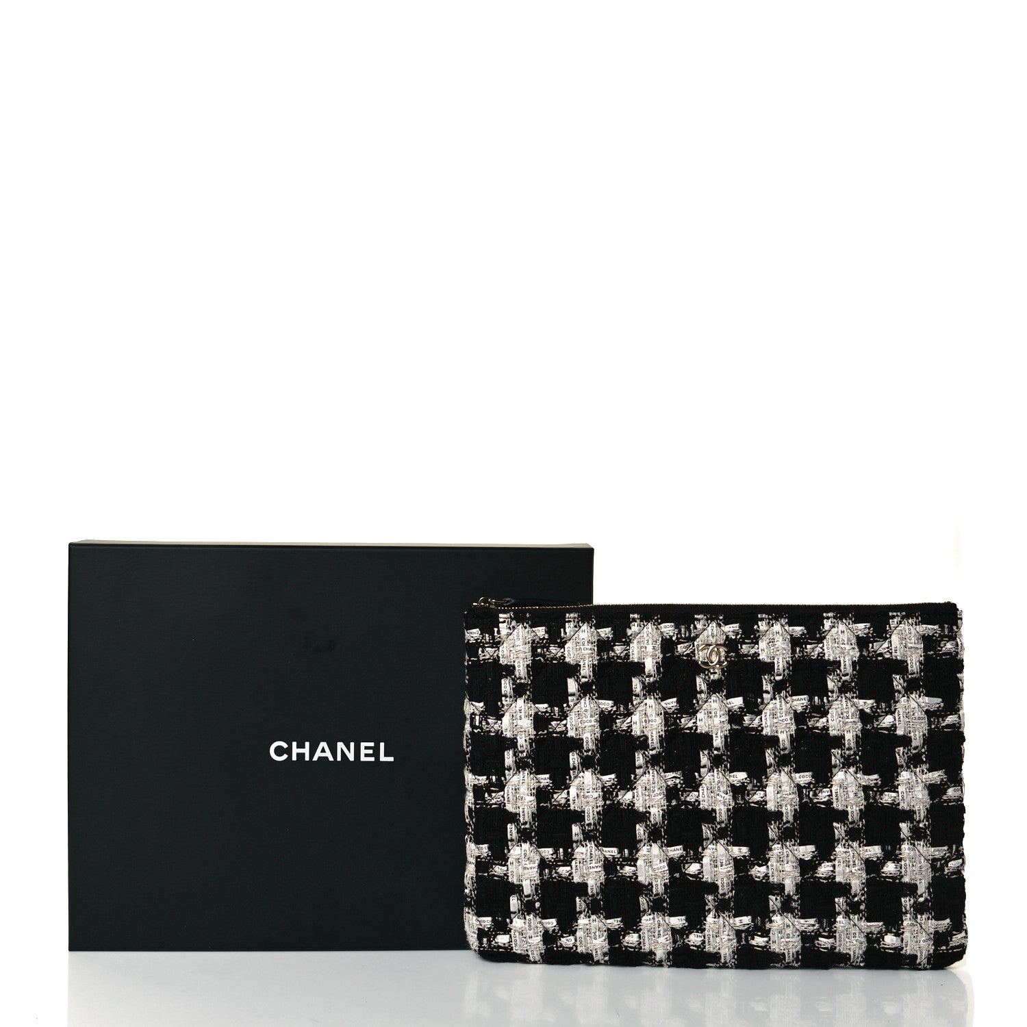 Chanel Tweed Quilted Medium Cosmetic Pouch Black Ecru White 7 of 8