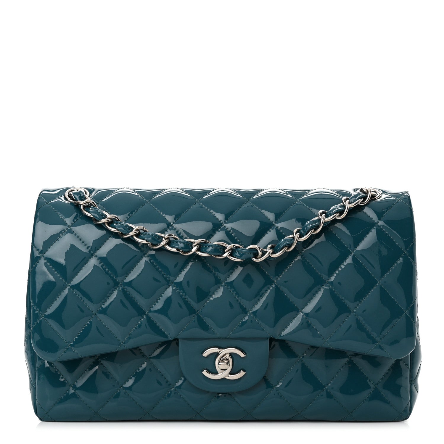 Chanel Patent Calfskin Quilted Jumbo Double Flap Turquoise 1 of 17