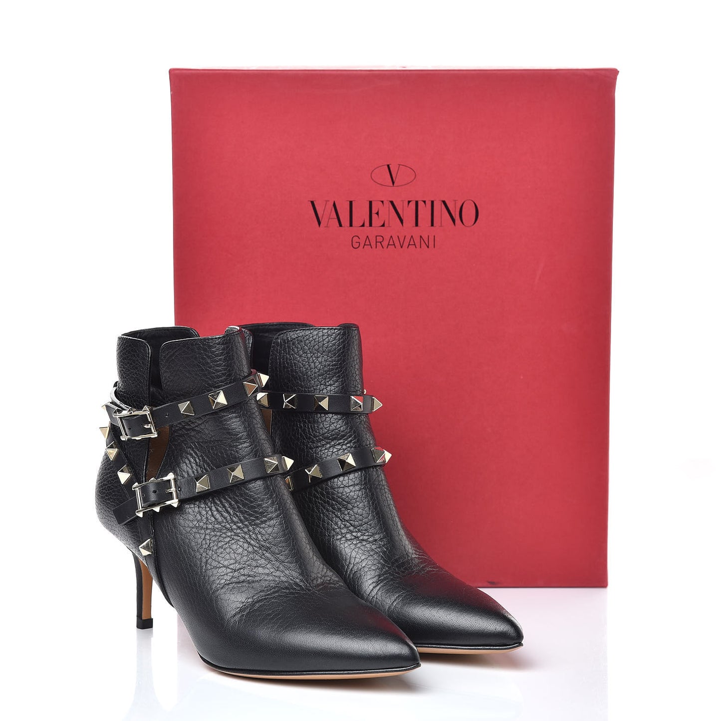 Grained Calfskin Rockstud Double Buckle 65mm Ankle Boots 35 Black