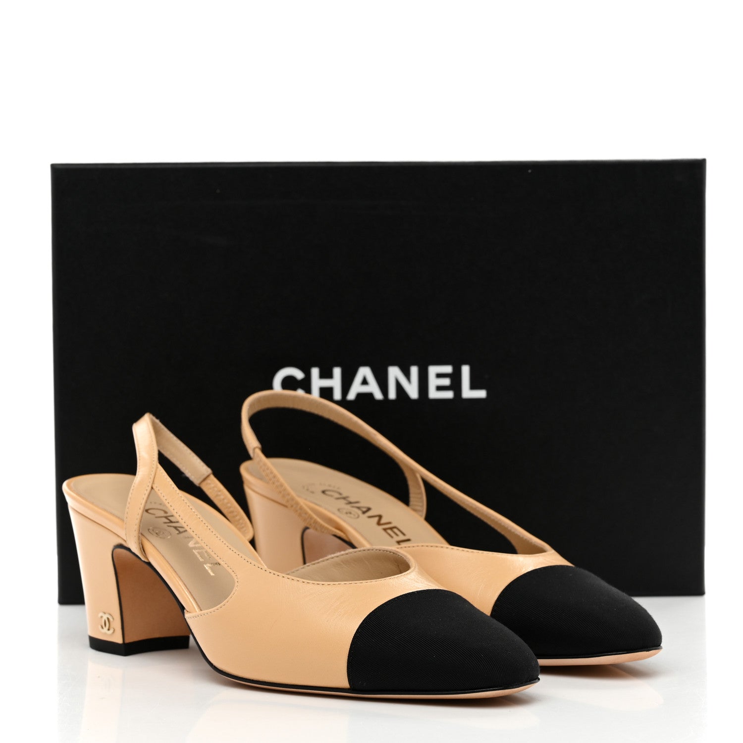 Chanel Goatskin Grosgrain Cap Toe CC Slingback Pumps 36.5 Beige Black 10 of 10