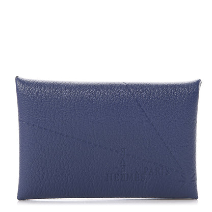 Hermes Chevre Mysore Embossed Calvi Card Case Bleu Brighton 1 of 8